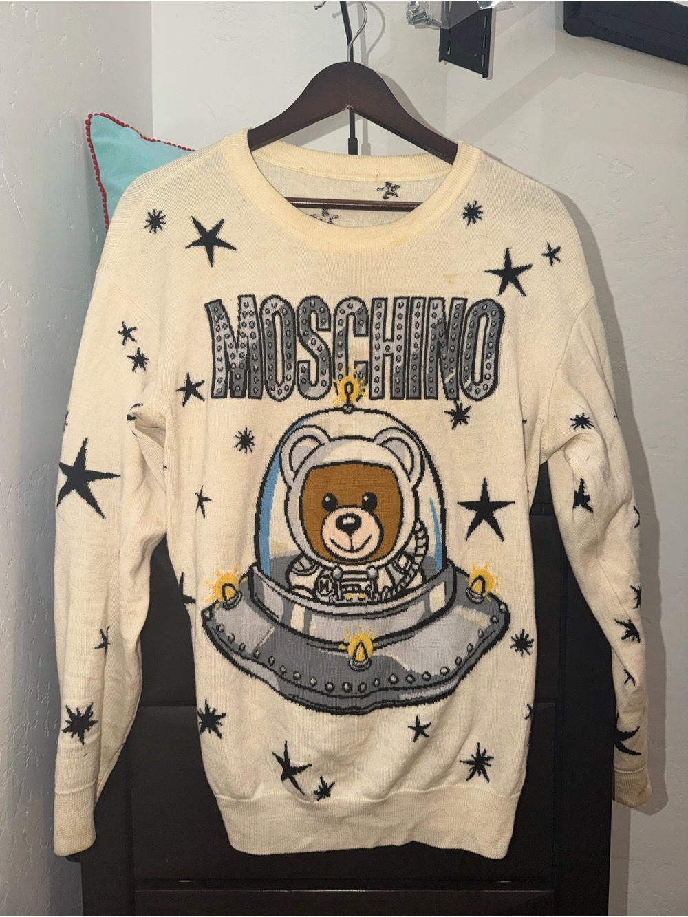 Moschino Cream Teddy Astronaut Graphic Crewneck Sweater